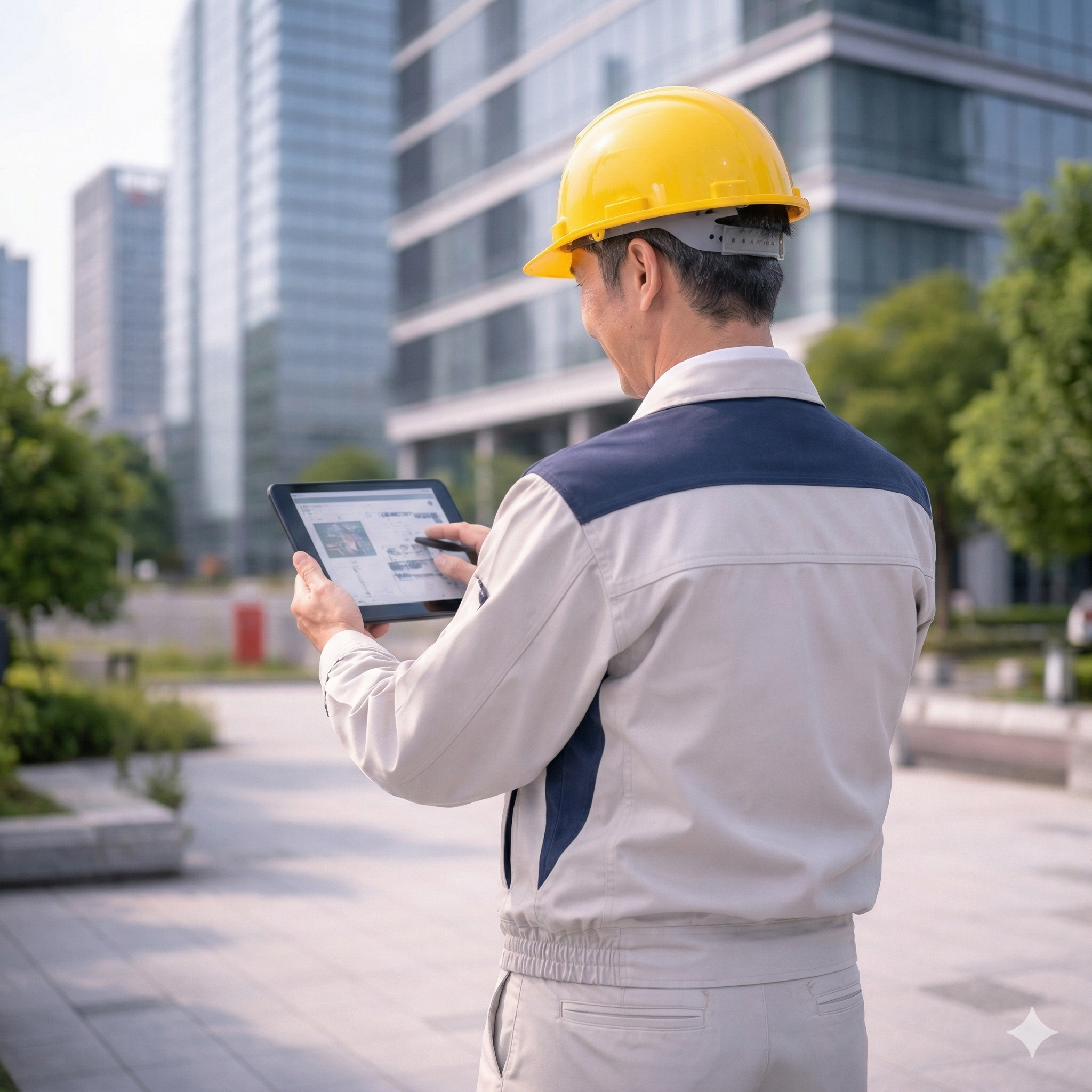 construction manager checking tablet at a demolition site