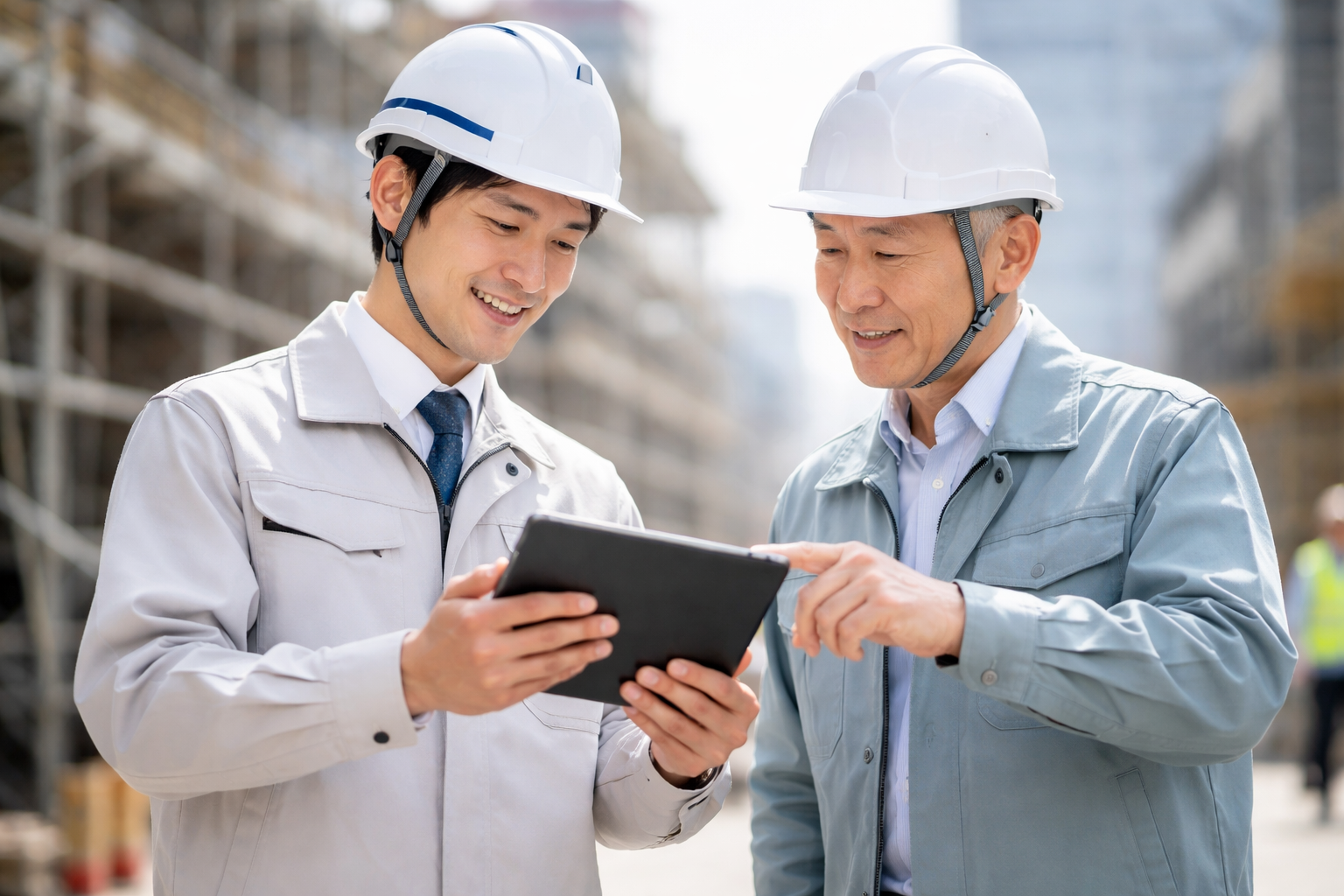 three construction workers in safety vests and white helmets looking at tablets with a modern building in background