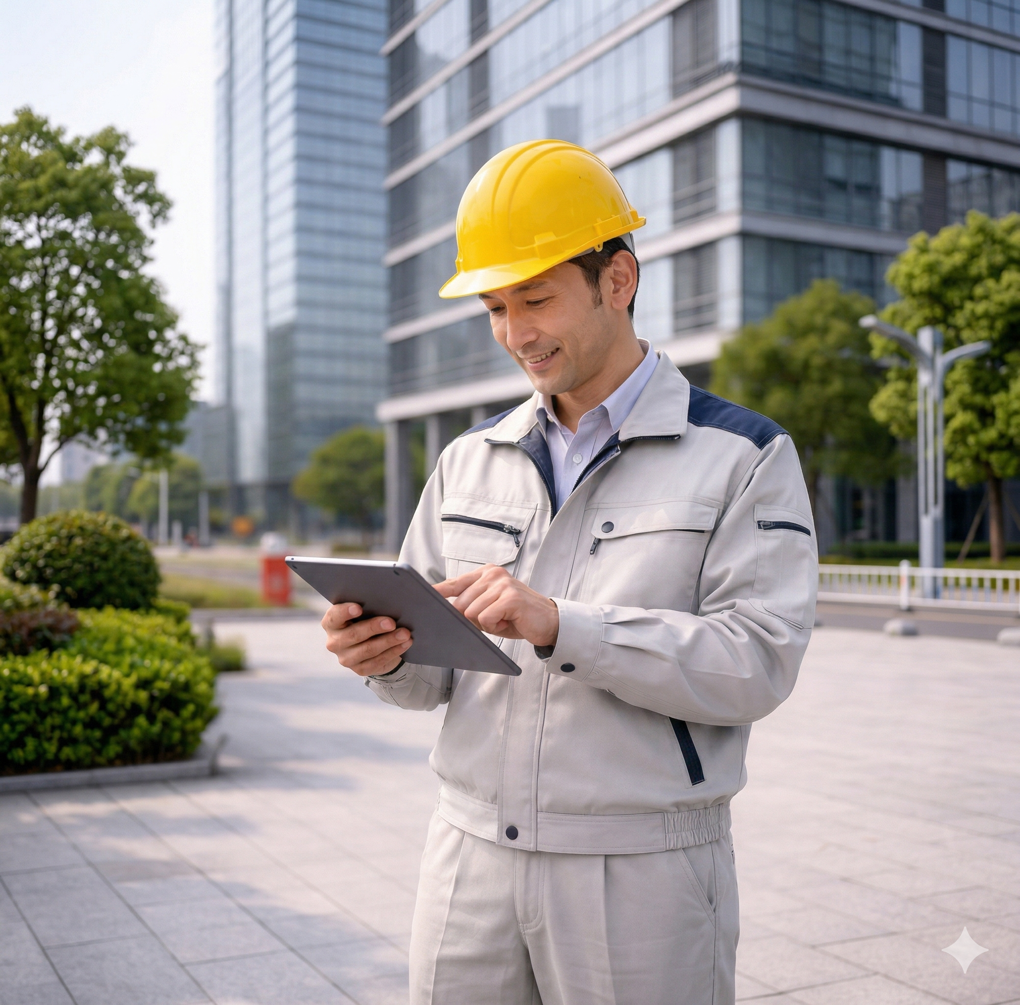 smiling japanese office worker using laptop at desk in bright office